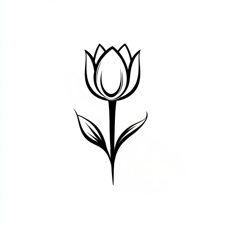 Simple and elegant black and white drawing of a tulip in full bloom against a white backdrop