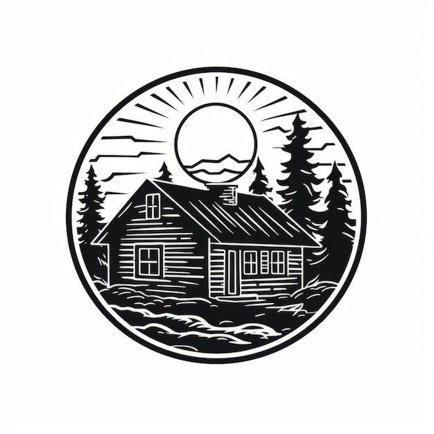 Simple Cabin Logo Estetica vintage con audace incisione in legno in bianco e nero