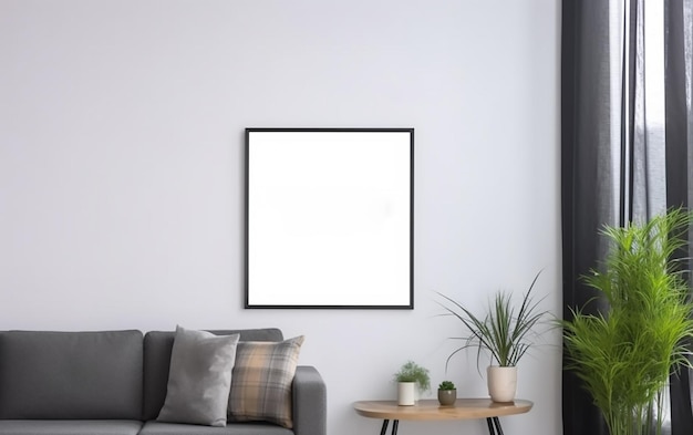 Simulare la cornice del poster nell'illustrazione di rendering 3d degli interni del soggiorno moderno