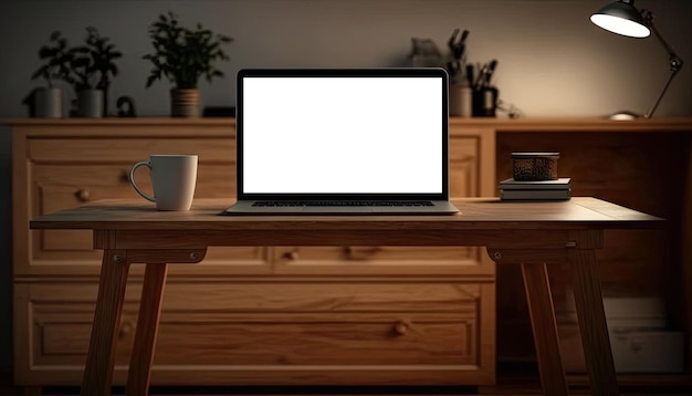 Simulare un computer portatile su un tavolo da studio in legno in un'area di lavoro retrò scura di notte IA generativa