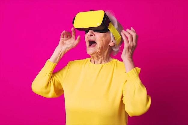 Simulazione bocca donna rosa vr occhiali aperti tecnologia di gioco anziani occhiali virtuali AI generativa