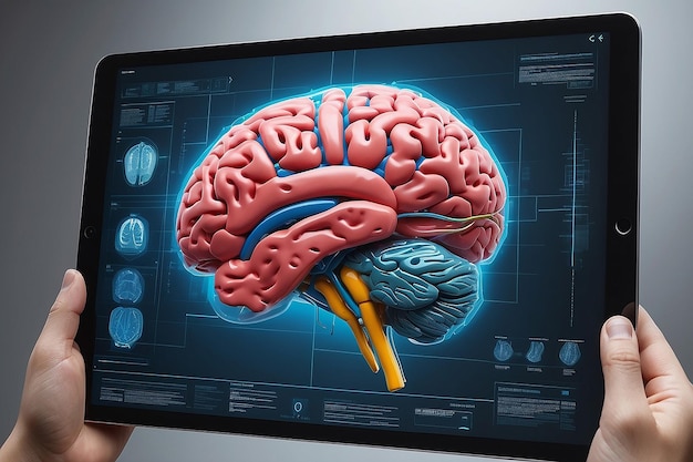 Simulazione tridimensionale avanzata del cervello umano vista dall'interno di un tablet