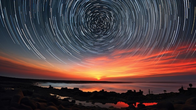 Sincronia celeste con lo sfondo del tramonto un'immagine astrofotografica mozzafiato