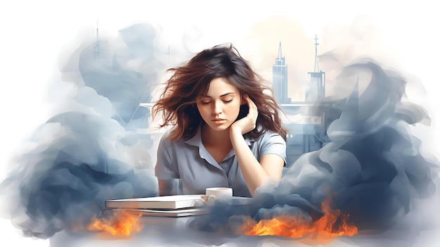 Sindrome da burnout professionale Illustrazione lavoratrice d'ufficio stanca seduta al tavolo Problemi di salute mentale del lavoratore frustrato