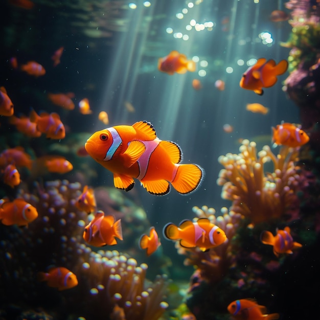 Sinfonia sottomarina colorata Pesci che nuotano in un regno sottomarino armonioso e vibrante Per i social media.