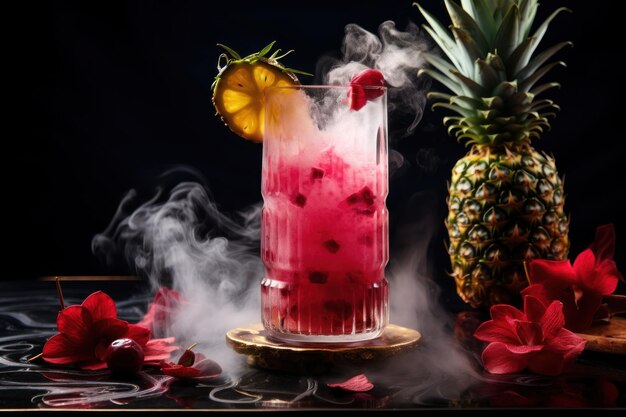 Singapore Sling in vetro moderno con oro e decorazione intorno a esso generato da AI