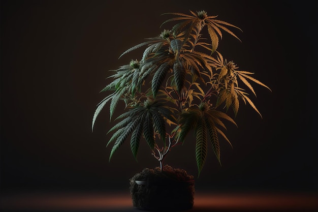 Singola pianta di marijuana di cannabis Illuminazione scura Generativo ai