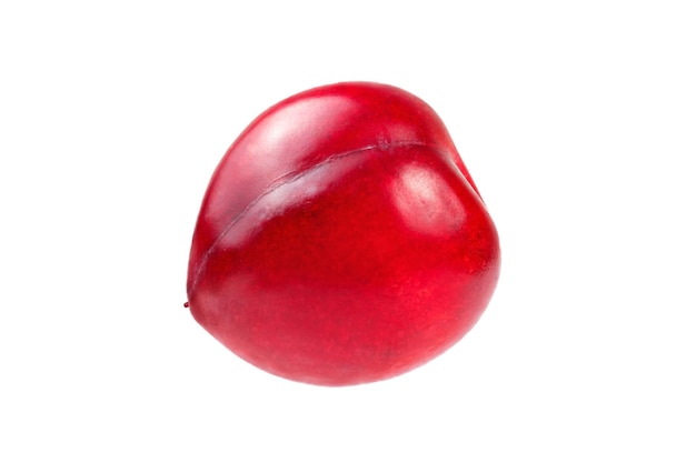 Singola prugna mirabelle rossa (Prunus domestica syriaca) isolata su sfondo bianco