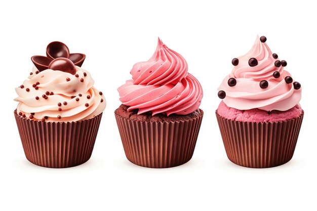 Singolare cupcake con crema al cioccolato rosa e noci mostrati da varie angolazioni Deserto su sfondo bianco