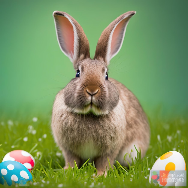 Singolo coniglio belga furry calmo che si siede sull'erba verde con le uova di pasqua