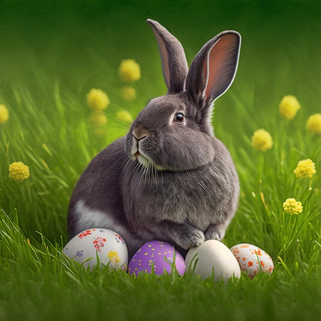 Singolo coniglio peloso calmo che si siede sull'erba verde con le uova di pasqua