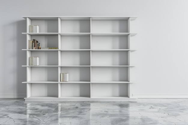 singolo scaffale per ufficio o libreria contro una parete vuota nell'interno dell'ufficio con spazio per copie