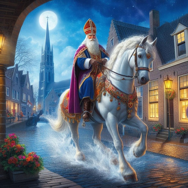 Sinterklaas cavalca il suo cavallo attraverso una valle olandese con la foresta sottostante e il cielo sopra