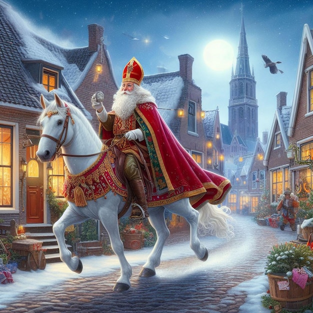 Sinterklaas cavalca il suo cavallo attraverso una valle olandese con la foresta sottostante e il cielo sopra