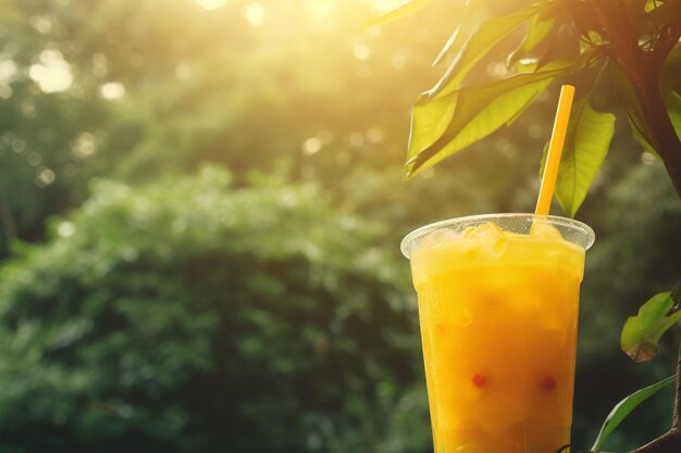 Sippando una bevanda fredda di succo di mango nel cortile sul retro.