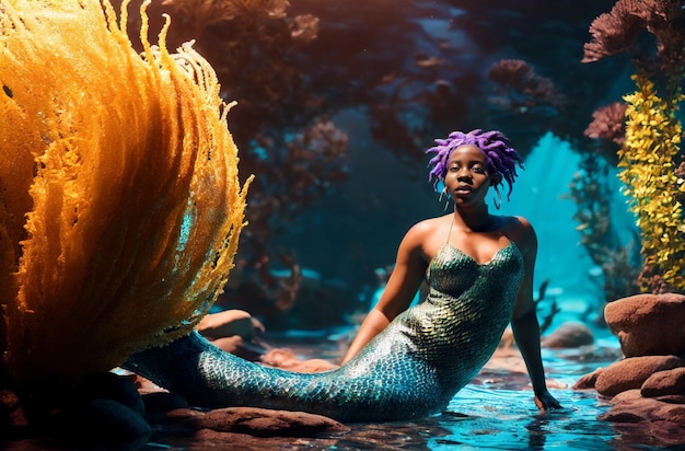 Sirena afroamericana con splendida acconciatura in acqua IA generativa