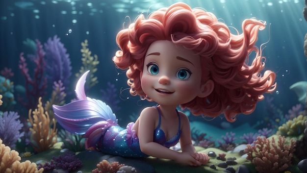 Sirena carina e adorabile del fumetto 3d sotto il mare