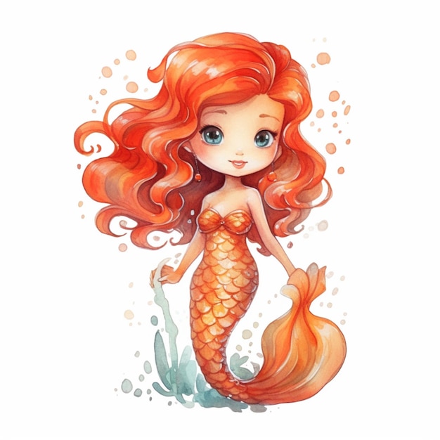 sirena con i capelli rossi e la coda arancione in piedi nell'acqua ai generativa