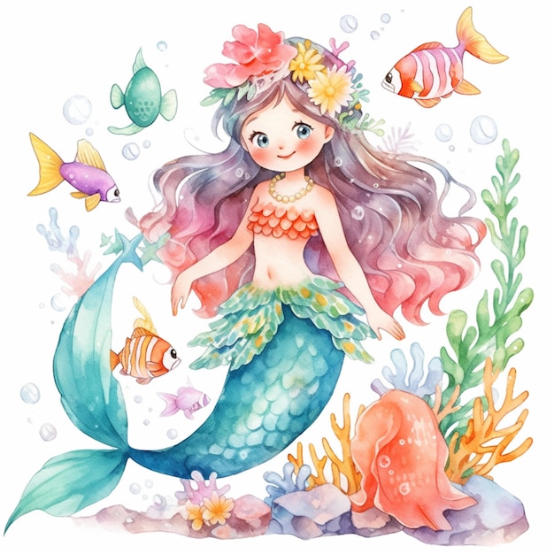 Sirena con pesci e fiori nei capelli generativa ai