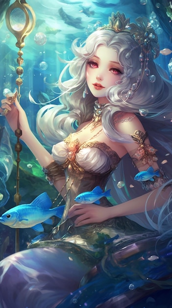 Sirena con una corona d'oro e un pesce in mano ai generativa
