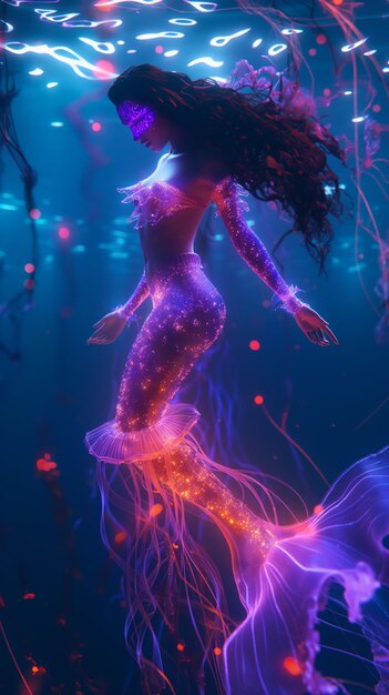 Sirena luminosa al neon che nuota nelle acque profonde dell'oceano