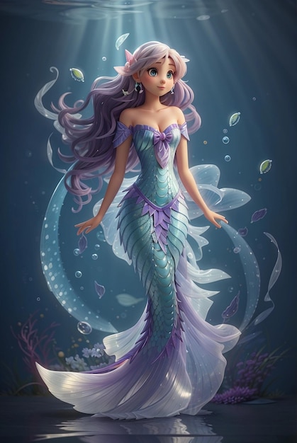 Sirena Pesce Ragazza Coda arcuata Pinna biforcata Linee iridescenti Parte superiore di perle Magico paesaggio marino Piccolo pesce