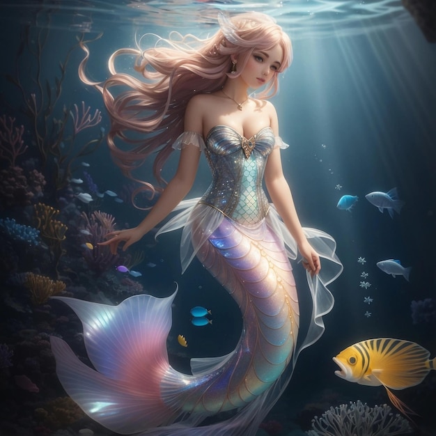 Sirena Pesce Ragazza Coda arcuata Pinna biforcata Linee iridescenti Parte superiore di perle Magico paesaggio marino Piccolo pesce