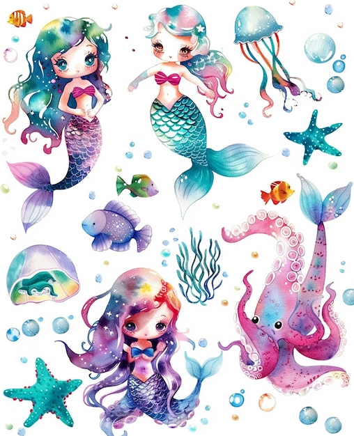 Sirene e creature marine sono raffigurate in questo dipinto ad acquerello generativo ai