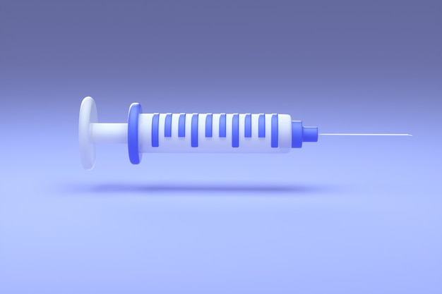 Siringa del fumetto blu su sfondo blu. Vaccinazione contro il concetto di coronavirus. illustrazione di rendering 3D.