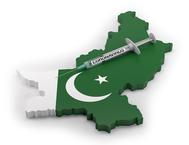 Siringa di coronavirus sulla mappa della bandiera del Pakistan. Rendering 3D