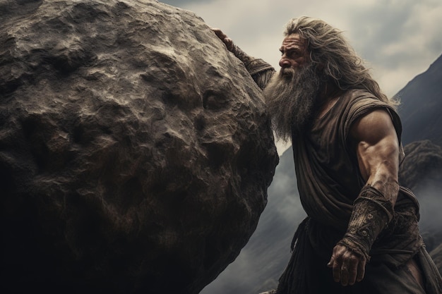 Sisifo sta spingendo una roccia su una montagna il simbolismo duraturo di Sisifo che spinge una roccia sulla montagna una rappresentazione dello sforzo eterno punizione mitologica e riflessione filosofica