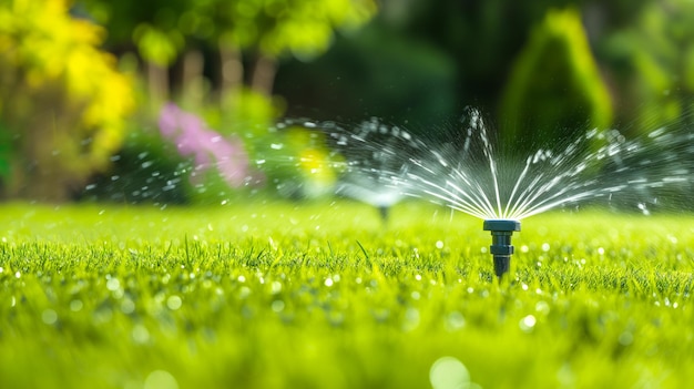 Sistema automatico di irrigazione dei giardini con sprinkler su prato verde