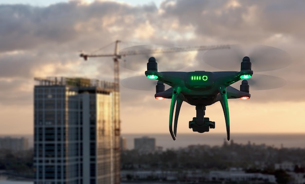 Sistema di aeromobili senza equipaggio Quadcopter Drone nell'aria vicino alla città e all'edificio aziendale