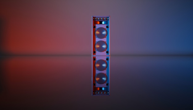 Sistema di altoparlanti su uno sfondo nero con illuminazione blu e arancione, illustrazione 3d
