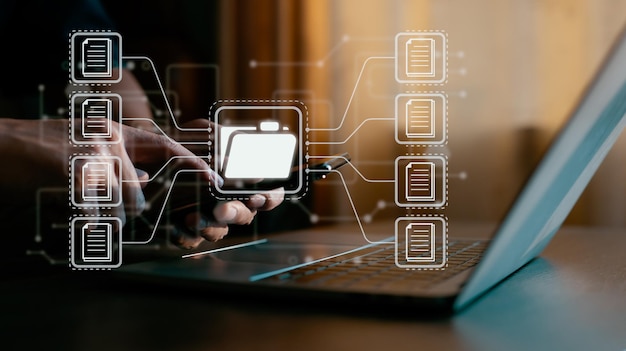 Sistema di gestione dei documenti Database di documentazione online DMS e automazione dei processi per gestire in modo efficiente la conoscenza dei file e dei documenti in un'azienda utilizzando la tecnologia aziendale ERP