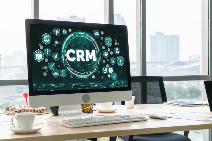 Foto sistema di gestione delle relazioni con i clienti su computer alla moda per attività crm