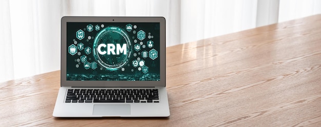 Sistema di gestione delle relazioni con i clienti su computer alla moda per il business CRM