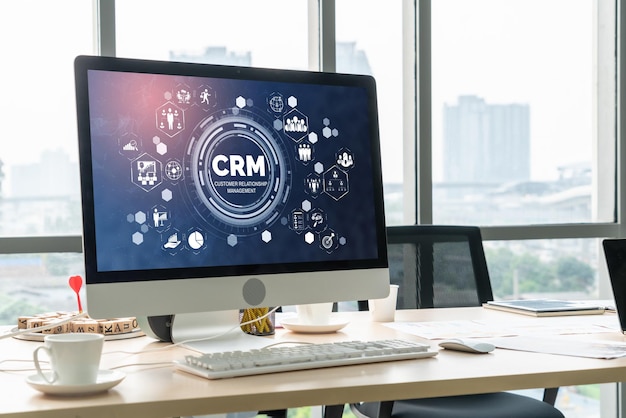 Sistema di gestione delle relazioni con i clienti su computer modish per il business CRM