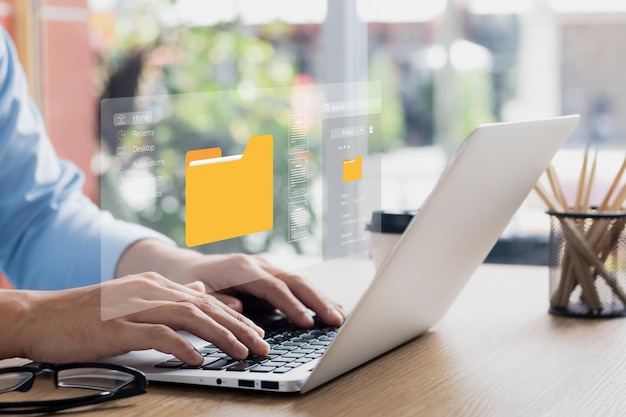 Sistema di gestione documentale concetto icona schermo virtuale Sistema di archiviazione di documenti DMS Software di database online per la gestione efficiente dei file e dei dati aziendali