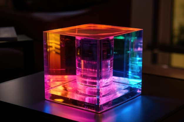 Sistema di illuminazione intelligente che illumina il cubo di vetro con colori cangianti creati con l'IA generativa