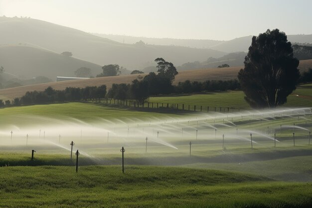 Sistema di irrigazione che innaffia un prato verde lussureggiante con dolci colline sullo sfondo