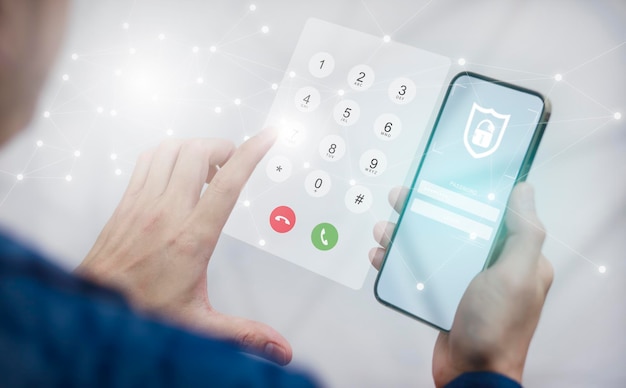 Sistema di sicurezza e composizione sulla tastiera del telefono virtuale con pulsanti telefonici trasparenti uomo d'affari pulsante a sfioramento del numero di telefono sullo schermo numero di tocco del dito su uno smartphone per effettuare una chiamata