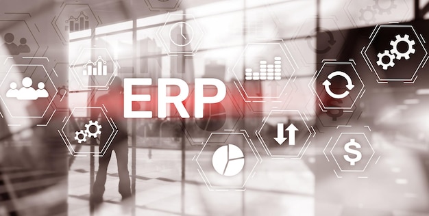 Sistema ERP Pianificazione delle risorse aziendali su sfondo sfocato Concetto di automazione e innovazione aziendale