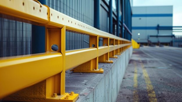 Sistema esterno di barriera di sicurezza industriale Sistema di barriere di sicurezza gialla all'esterno di un edificio industriale che fornisce una chiara demarcazione delle aree per veicoli e pedoni