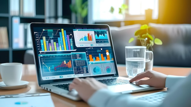 Sistema finanziario di grafici e diagrammi su un laptop Concetto di analisi finanziaria o aziendale