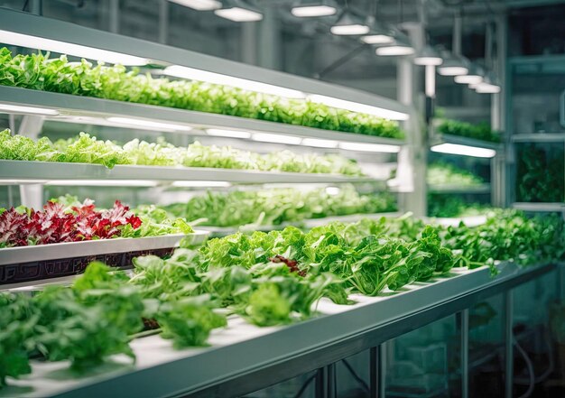 Sistema idroponico vegetale Orto di lattuga verde che cresce su sistema idroponico piante agricole sull'acqua agricoltura in serra per alimenti salutari Foto generata utilizzando Leonardo AI