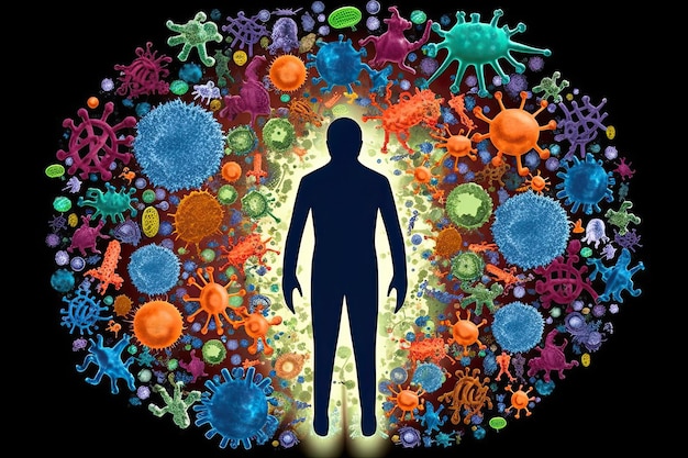 Sistema immunitario figura astratta umana con virus illustrazione medica