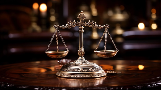 Sistema legale simbolo della giustizia statua antica su scala in ottone