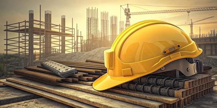Sito di costruzione con lavoratori e attrezzature incentrate su un casco di sicurezza e un equipaggiamento di sicurezza