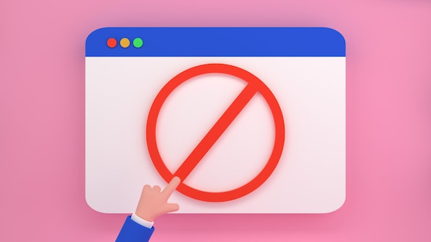 Sito web con cartello di divieto e mano umana del fumetto. illustrazione di rendering 3d